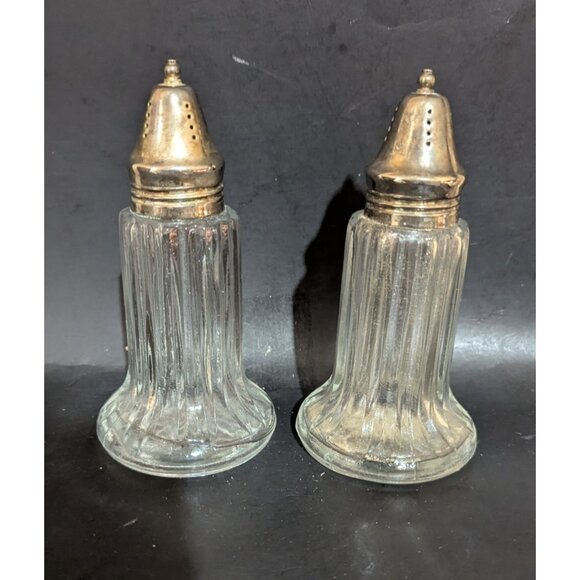 vintage Set Of 2 Large 6" Fluted Glass Salt & Pepper Shakers Silver Plate Tops - Picture 2 of 6